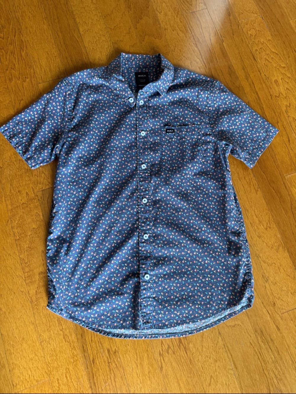RVCA Blue Floral Short-Sleeve Printed Button-Down Shirt